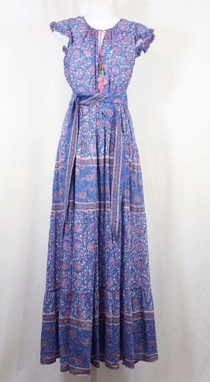 Alicia Bell Maya Maxi Dress Blue Pink Flower Long Women's Size L